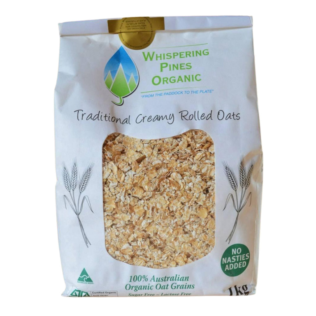 Photo of a 1kg Bag of Whispering Pines Organic Rolled Oats