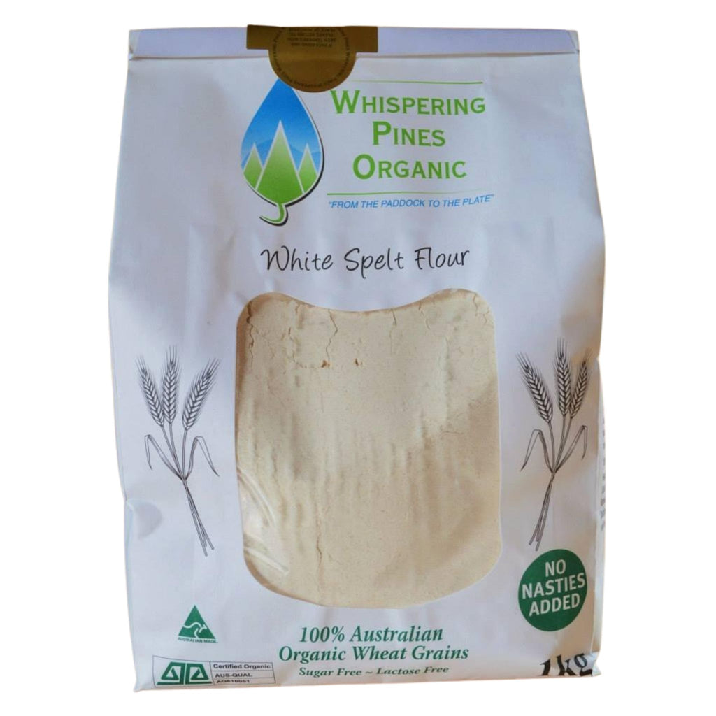 Photo of a 1kg Bag of White Spelt Flour from Whispering Pines Organic