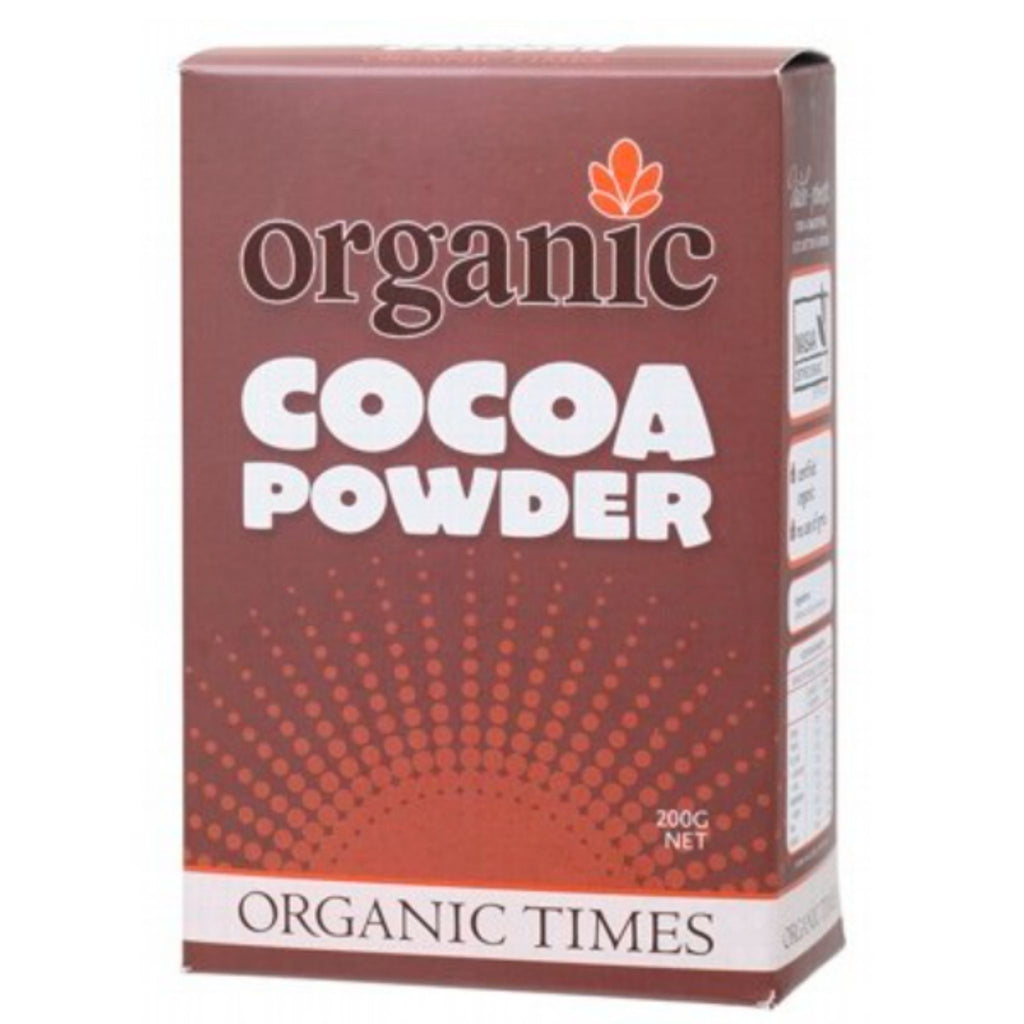 Box of Certified Organic Cocoa Powder. Organic Times brand.