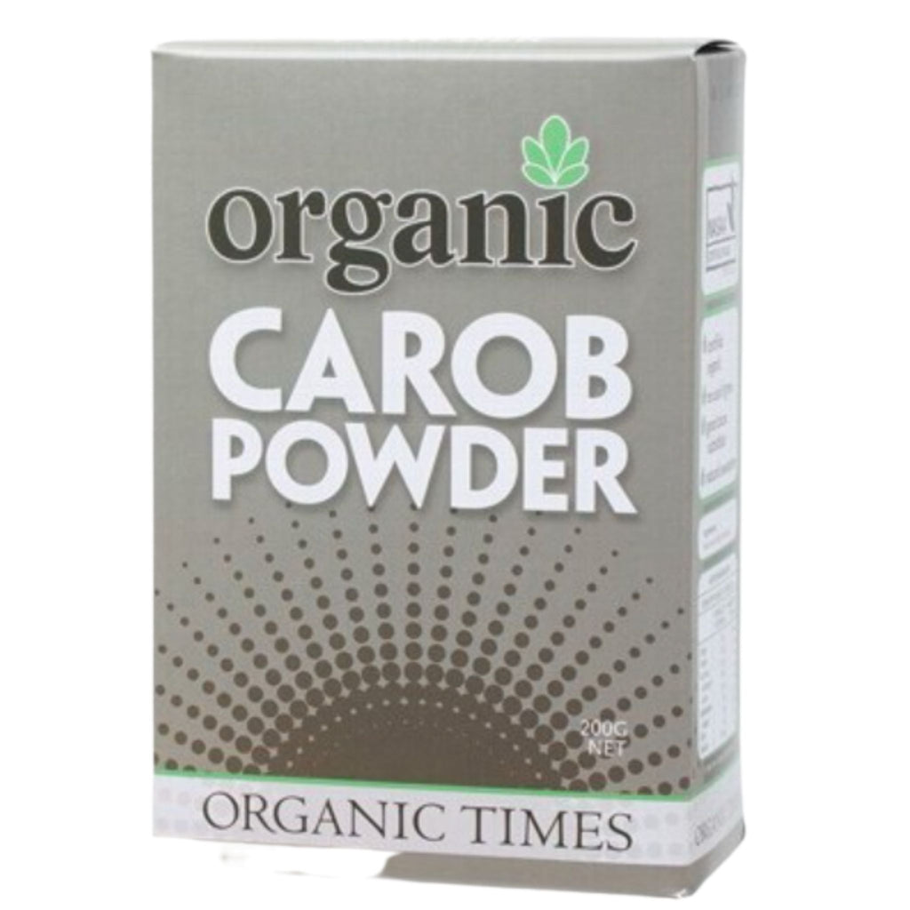 Box of Certified Organic Carob Powder. Organic Times brand